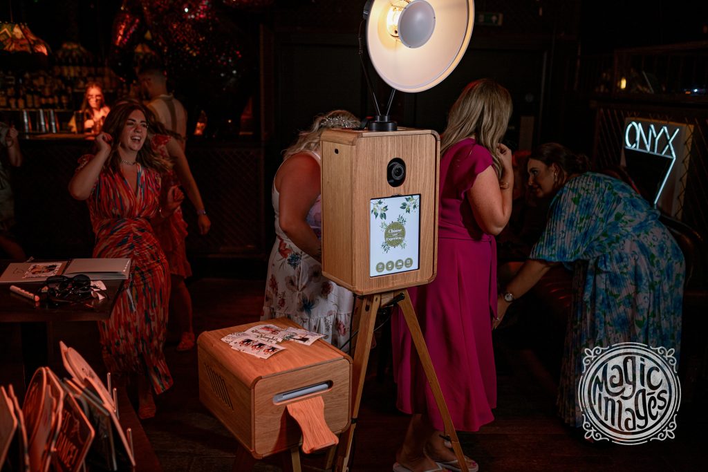 Photo booth being used by many guests at an event